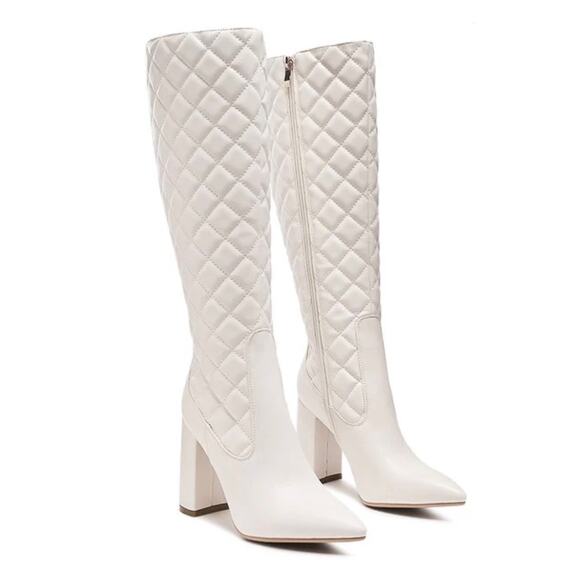 London Rag Womens Quilt Knee High Boots US Size 6 37 White Block Heel Boots New - Picture 9 of 12